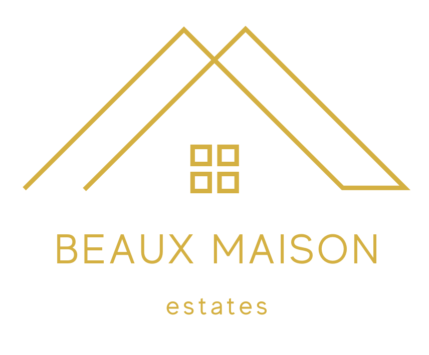 Gold minimalist logo for Beaux Maison Estates with stylized roof lines and small window icon