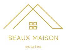 Gold minimalist logo for Beaux Maison Estates with stylized roof lines and small window icon