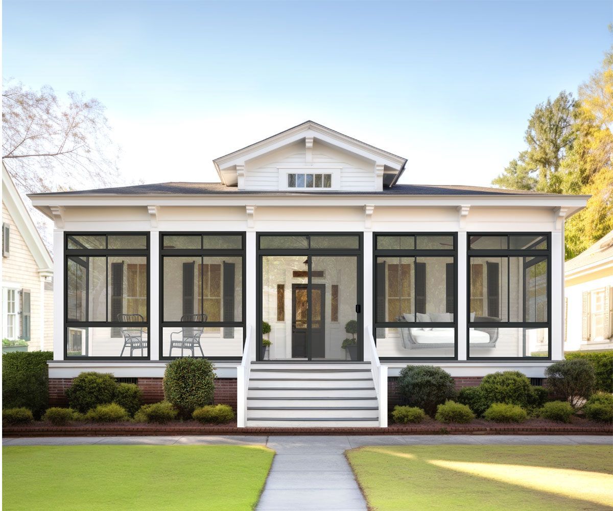 Bath Ohio enclosed covered front porch sunroom with screen windows and sliding glass patio door