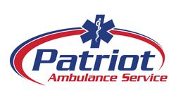 Logo for Patriot Ambulance Service: Blue, red, and white design with a medical star and text "Patriot Ambulance Service".