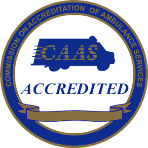 CAAS Accredited seal with a blue ambulance, text, and ribbon.