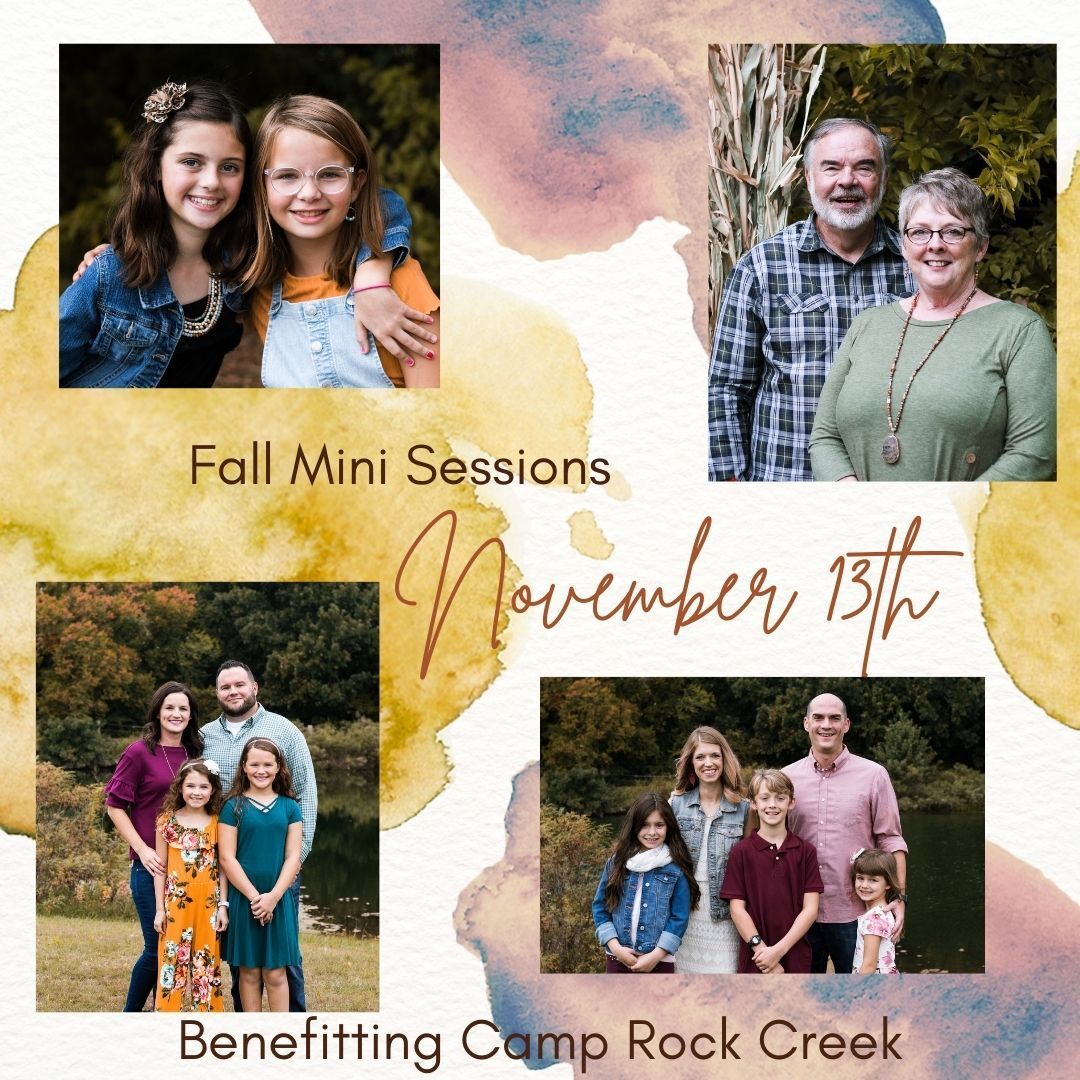 Fall mini photo session ad. Four family photos, watercolor accents, and text promoting Camp Rock Creek benefit.