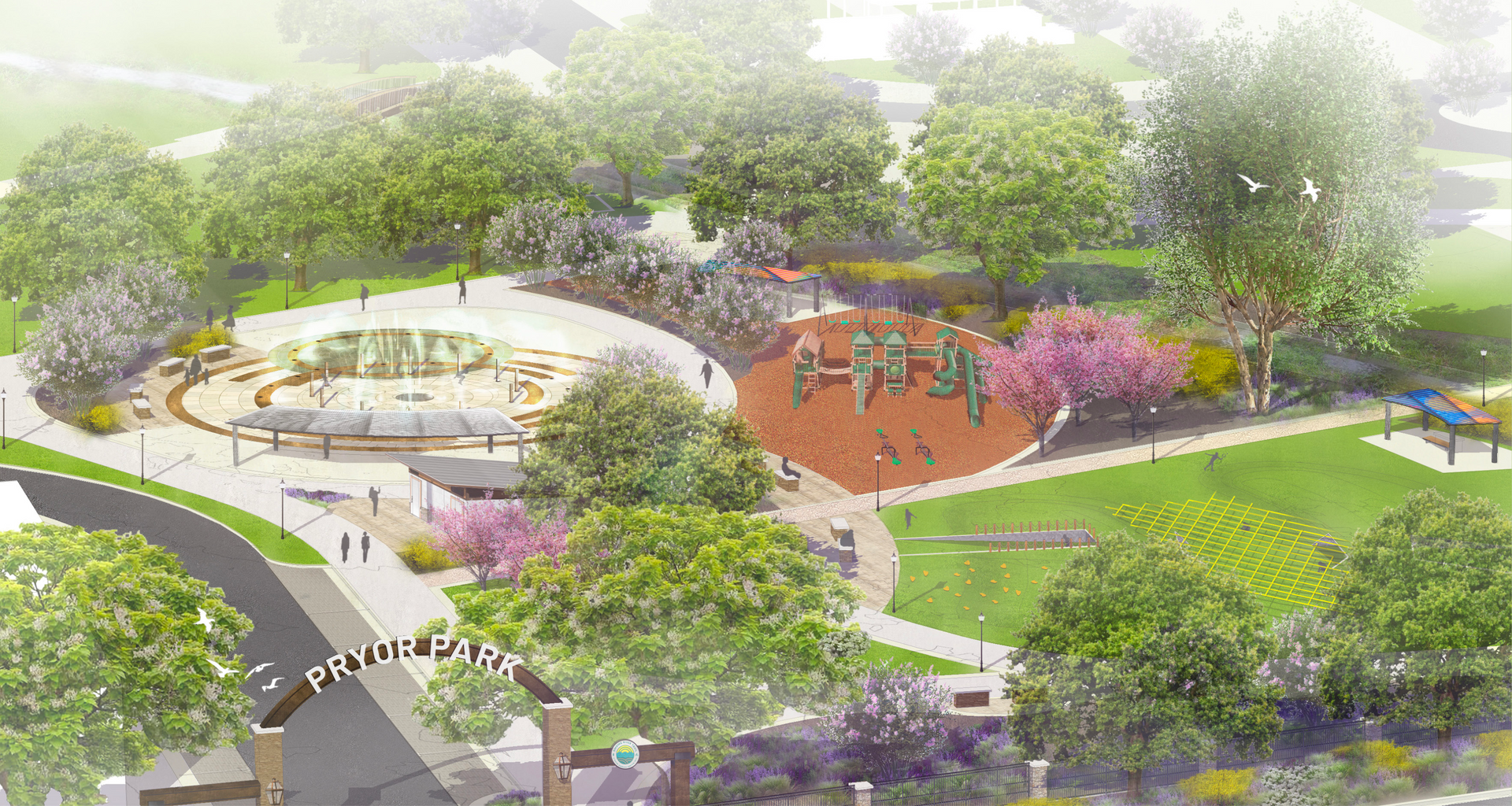 Park master plan; includes sports courts, playground, baseball field, parking, and green space, with trees.