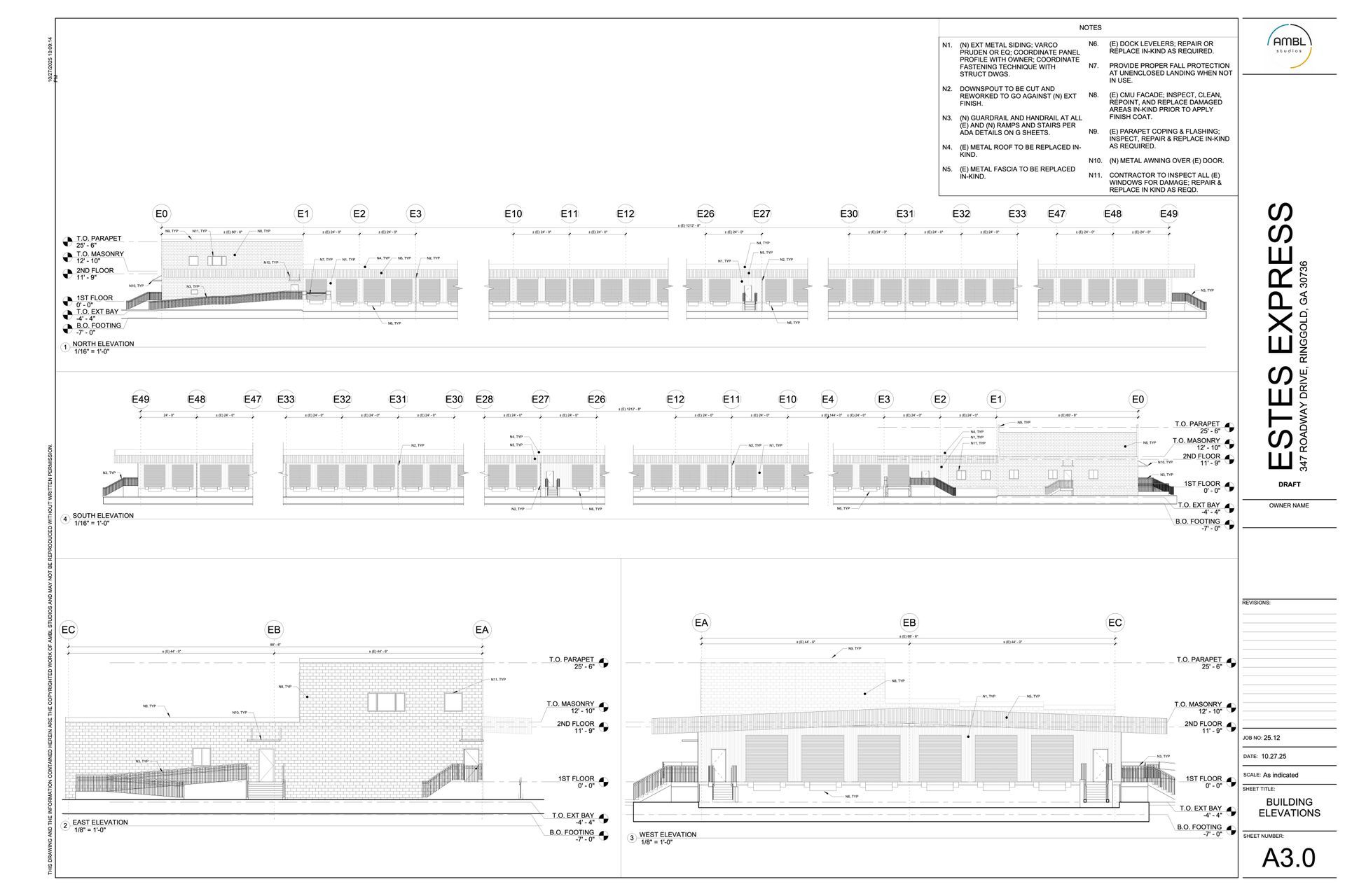 Architectural elevation drawing with multiple building facades and site plan details