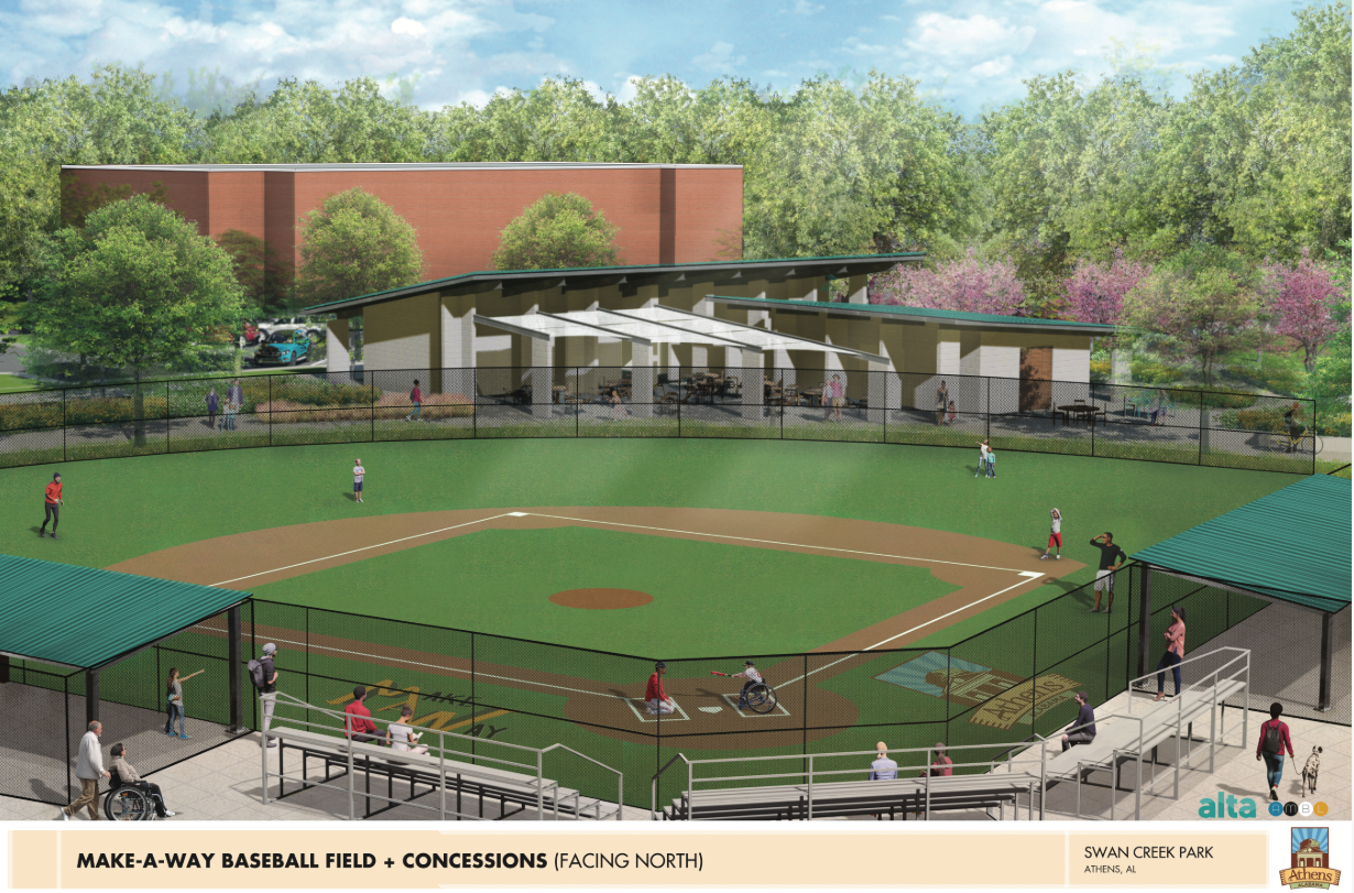 Baseball stadium rendering with green field, grandstands, and trees beyond the outfield