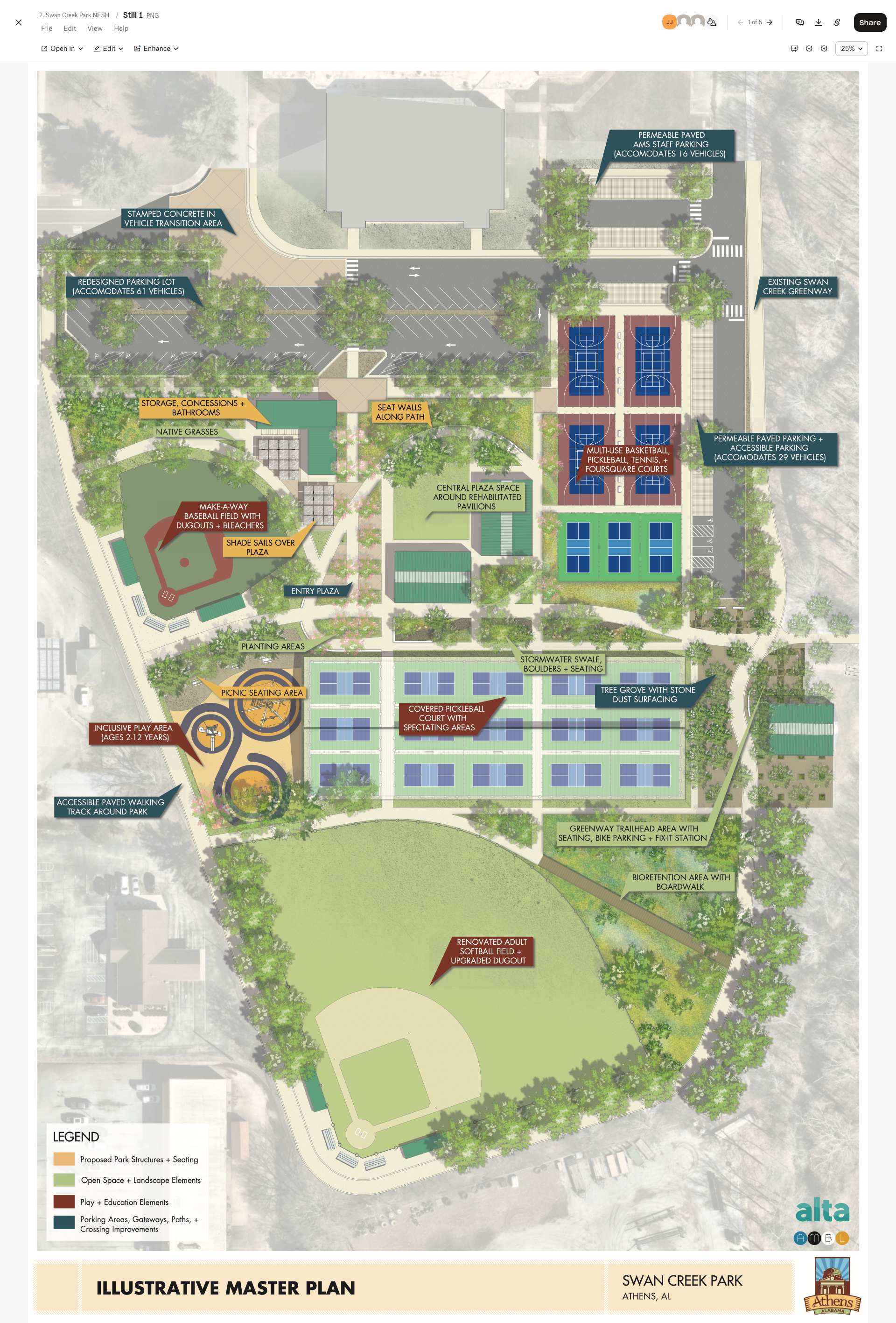 Campus master plan map with labeled buildings, roads, sports fields, and green spaces