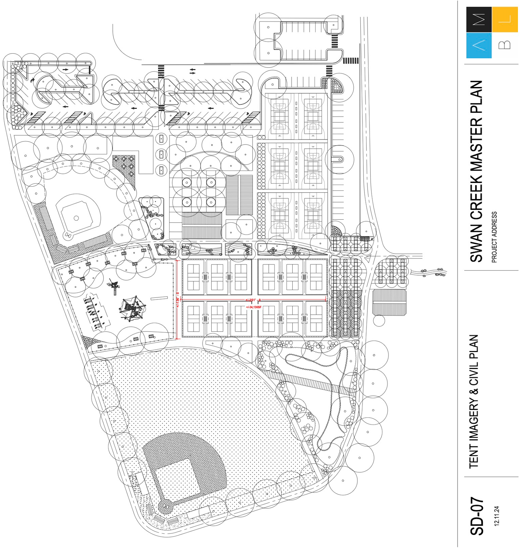 Site plan drawing for a master plan, showing buildings, paths, trees, and labeled zones.