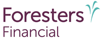 Foresters Financial logo in maroon text with teal leaf icon on white background