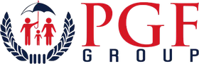 PGF Group logo with red lettering and a blue-and-red family emblem in a circular laurel wreath