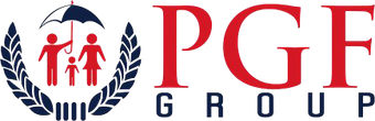 PGF Group logo with red lettering and a blue-and-red family emblem in a circular laurel wreath