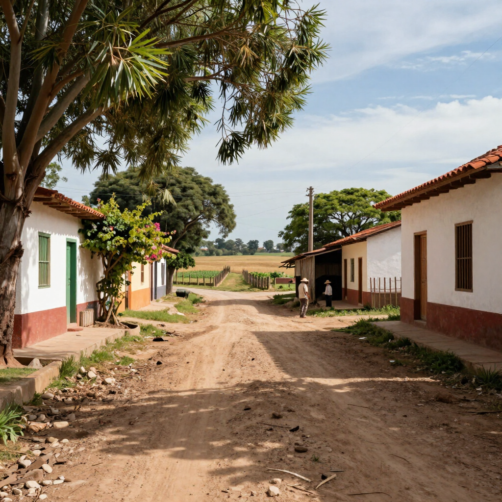 Camino de tierra entre casas blancas con tejados rojos en un soleado pueblo rural.