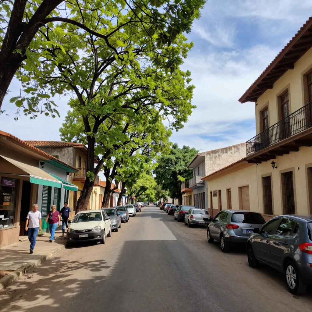 Una calle arbolada con coches aparcados y peatones bajo un cielo azul despejado en un pequeño pueblo.