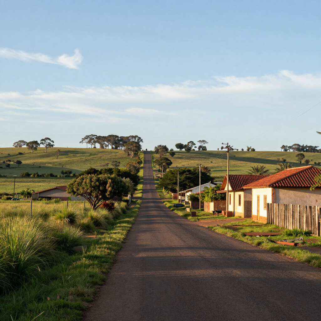 Larga carretera rural recta que atraviesa campos verdes y pasa junto a una pequeña casa bajo un cielo azul despejado