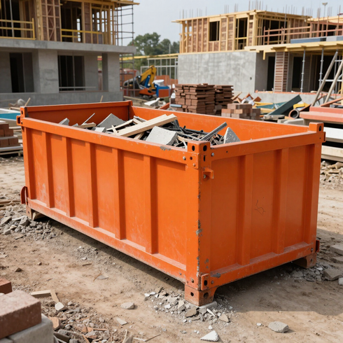 Contenedor de obra naranja lleno de escombros en una obra en construcción