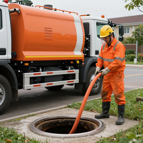 Un trabajador con ropa naranja limpiando un desagüe pluvial junto a un camión de limpieza viaria