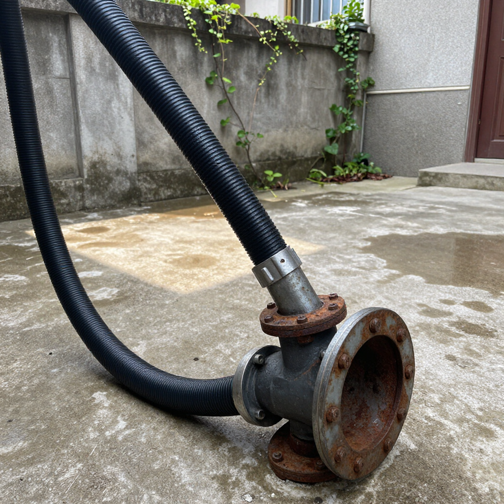 Bomba oxidada con mangueras negras sobre hormigón mojado en un patio al aire libre.