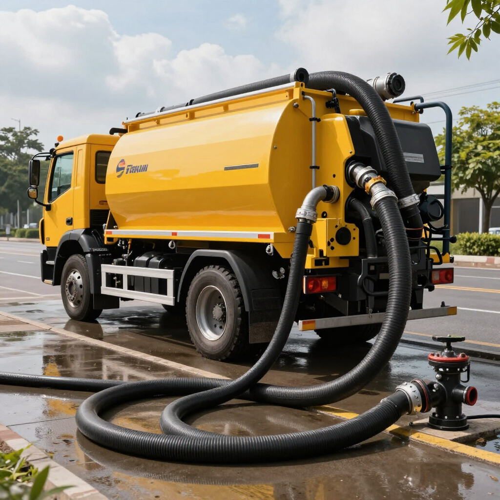 Camión cisterna amarillo con mangueras limpiando el pavimento mojado en una zona de obras