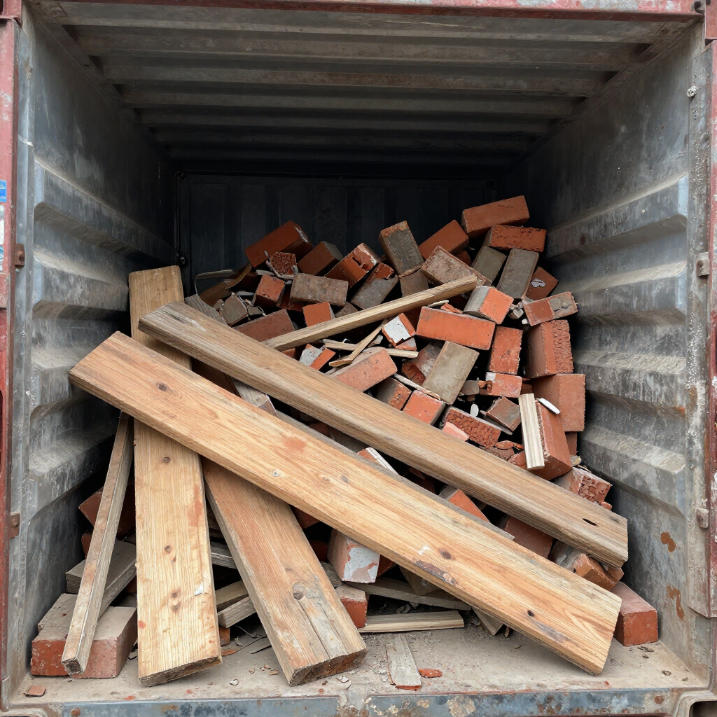 Contenedor lleno de ladrillos rojos sueltos y largas tablas de madera, visto desde el extremo abierto.