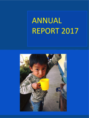 Annual Report 2017 cover with a child holding a yellow cup against a blue background