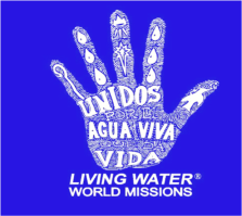 Blue logo with a white hand and Spanish text “Unidos por el Agua Viva Vida” and “Living Water World Missions”