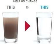 Dirty water in a glass changing to clean water, with “HELP US CHANGE THIS” above it.