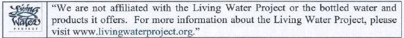 Small gray disclaimer notice about water project and bottled water products offered for sale.
