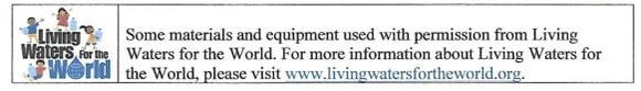 Living Waters for the World logo with text about contaminated drinking water worldwide and the website link