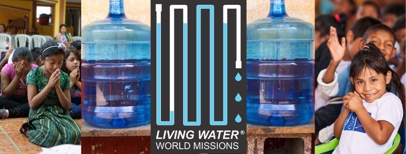 Collage of children, a water jug, and the “LIVING WATER” World Missions logo with raised hands