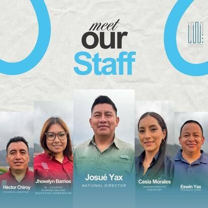 Staff group photo with five people under the title “meet our Staff” on a light blue background