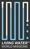 Stylized blue and white poster reading “Living Water: World Missions” on a dark background