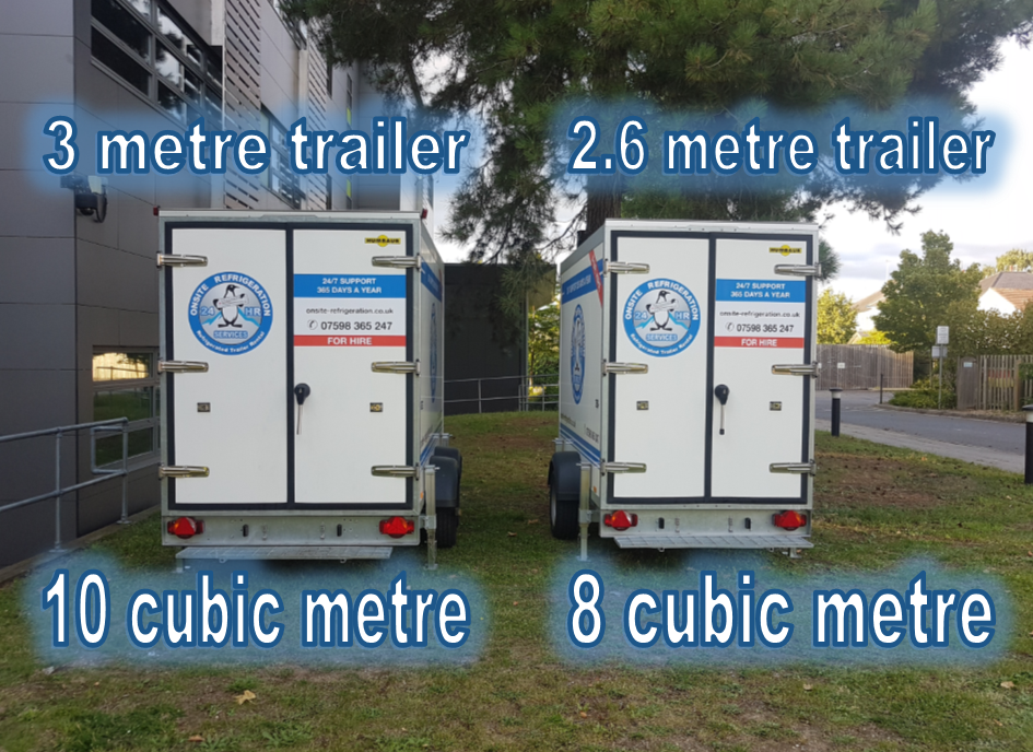 A small & large fridge trailer parked next to each other