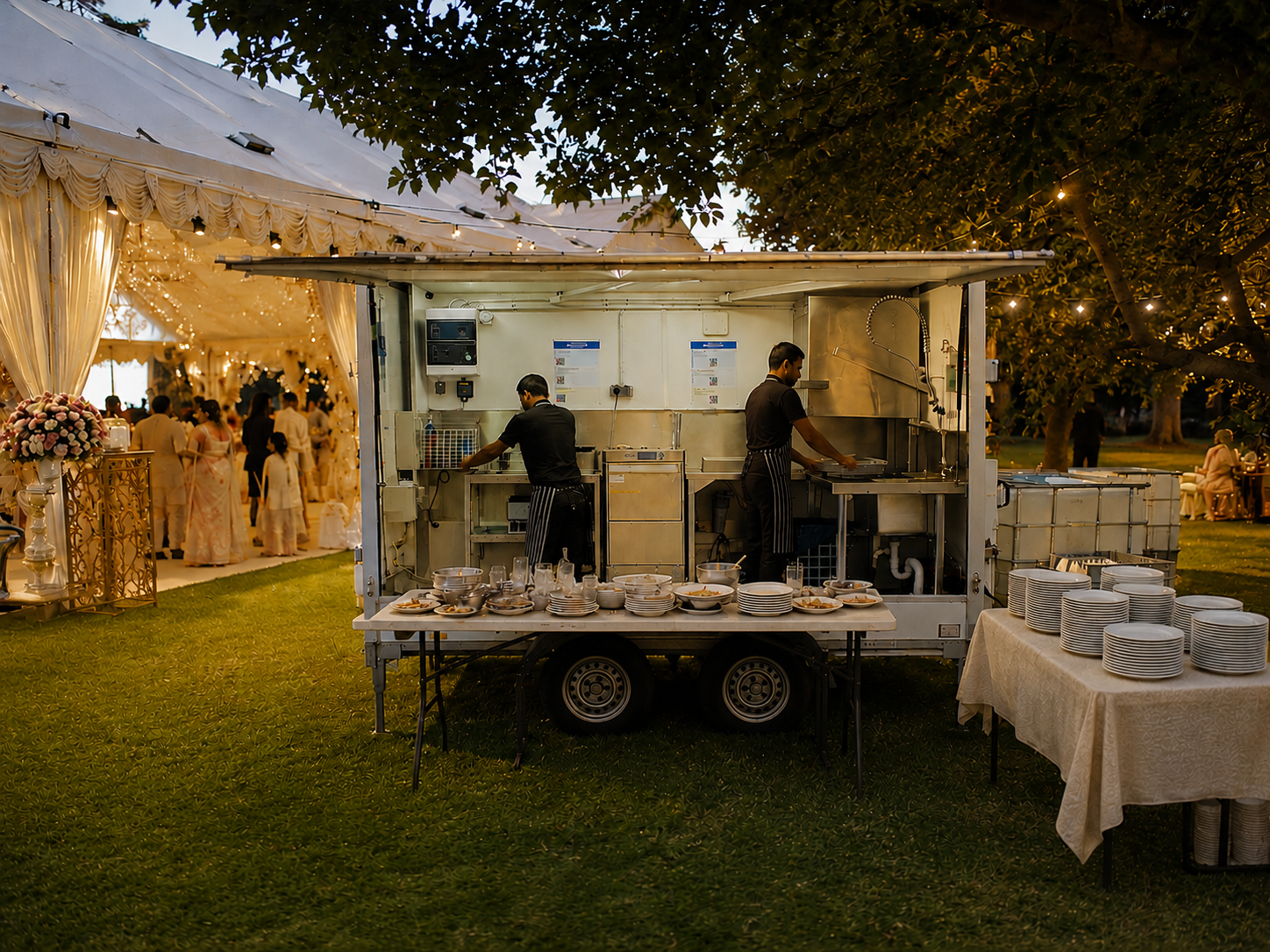 Two dishwashing trailers at a corporate event