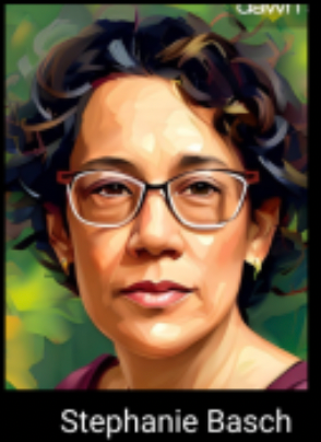 Portrait of a person with glasses and curly hair against a green background, labeled “Stephanie Basch”