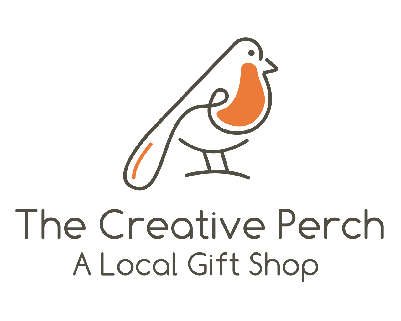 Logo for The Creative Perch, a local gift shop, with a stylized bird in orange and gray