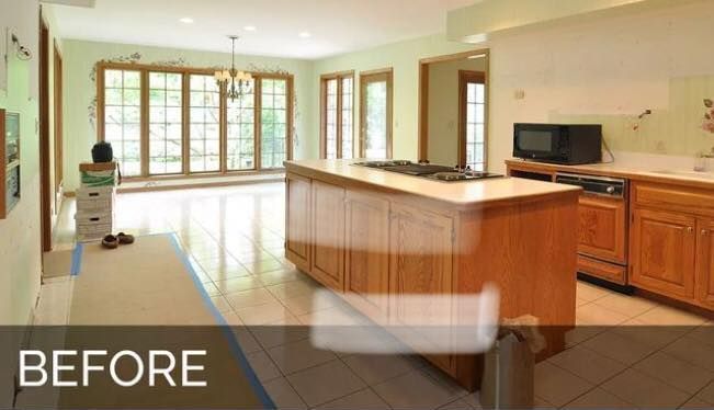A before picture of a kitchen with a large island