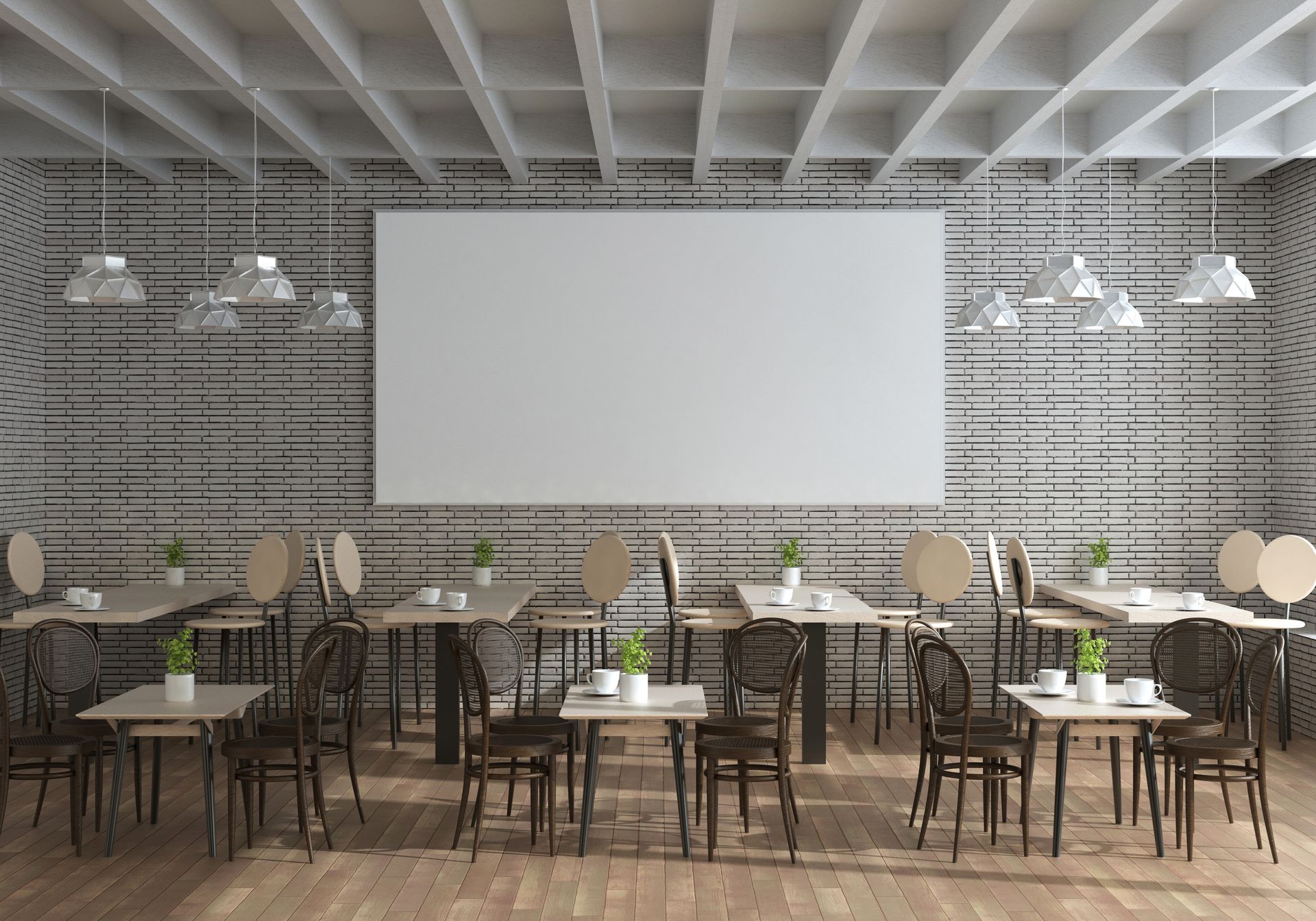 Empty modern cafe with tables, chairs, pendant lights, and a large white wall screen