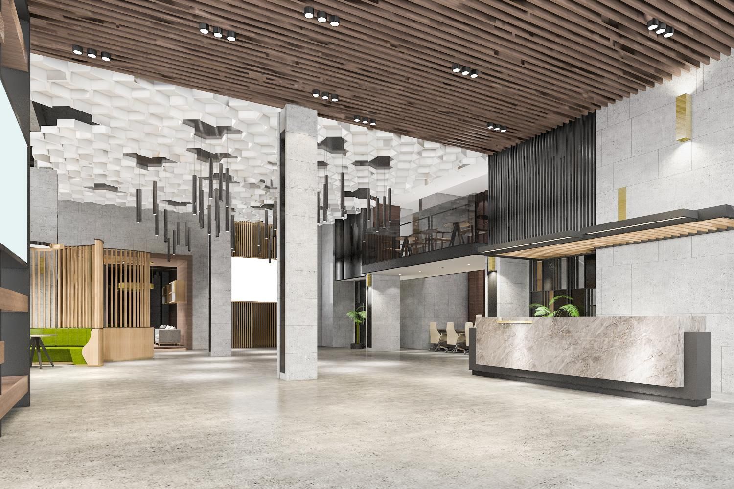 An artist 's impression of a hotel lobby with a reception desk.