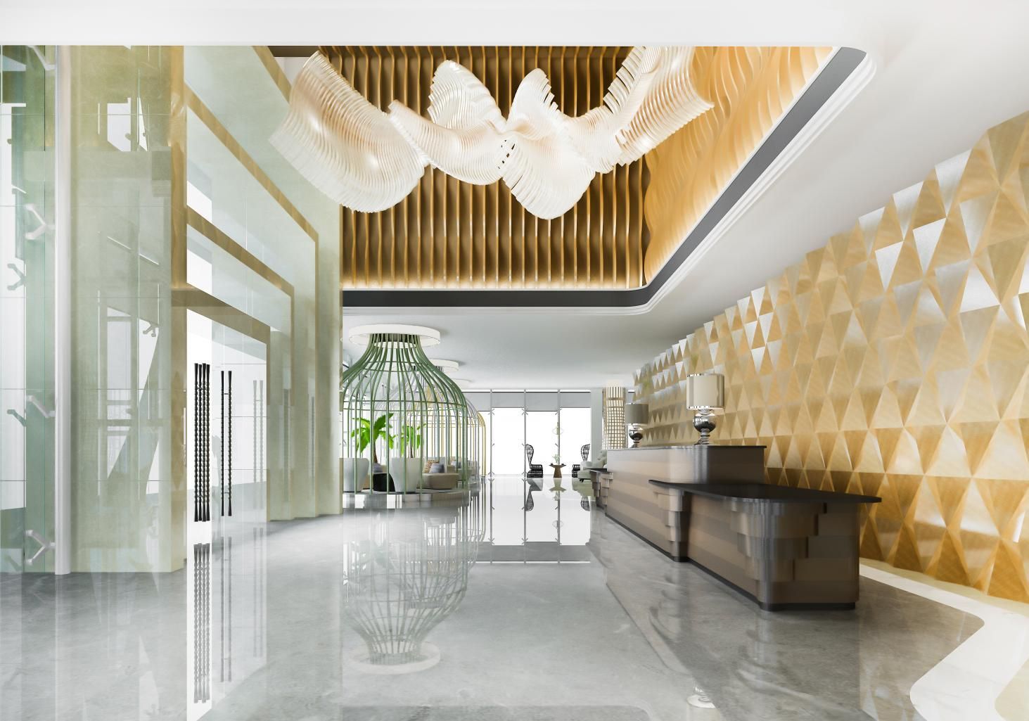 A large lobby with a chandelier hanging from the ceiling.