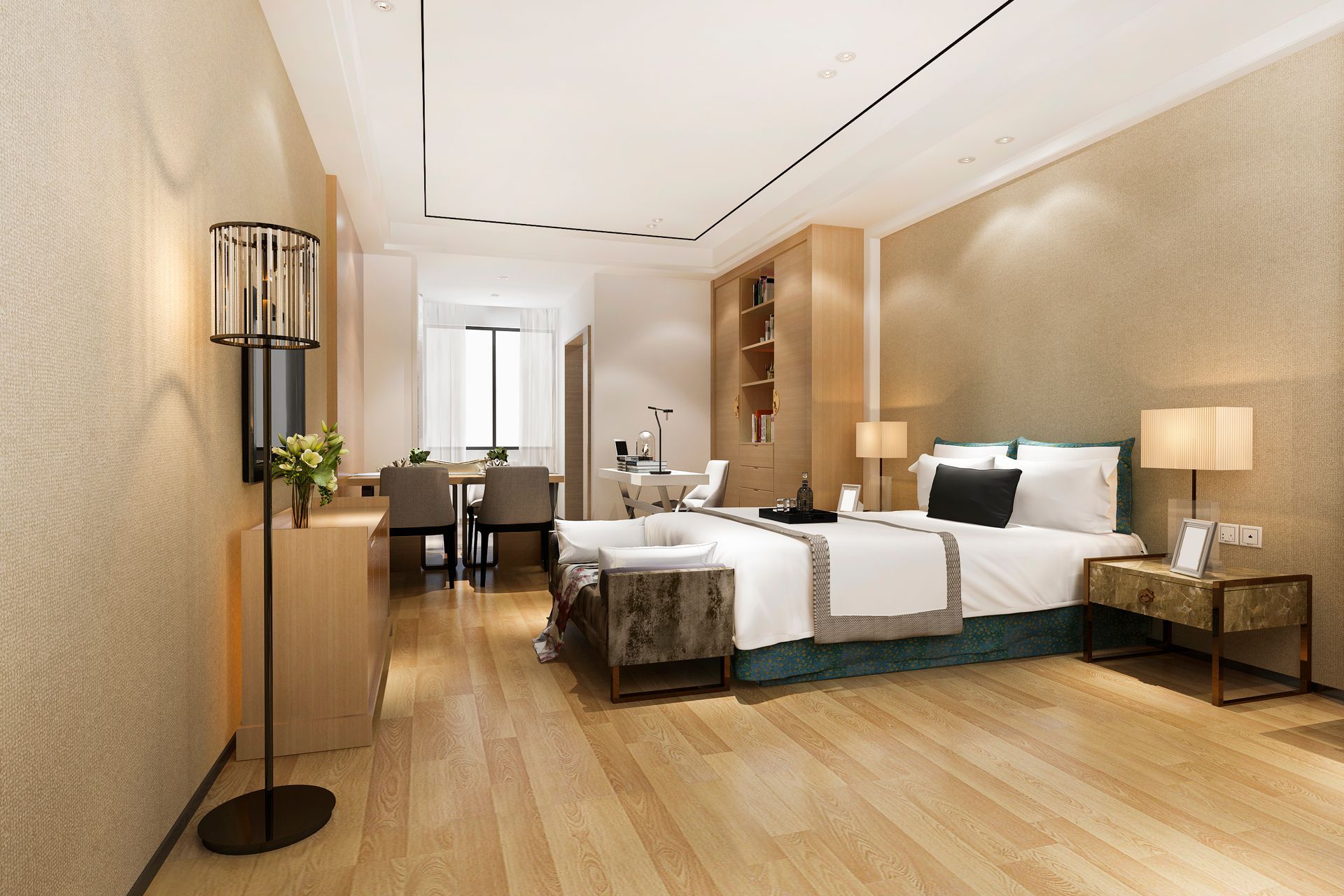 Modern hotel room with twin beds, warm wood floors, bedside lamps, desk, and a bright window at the back