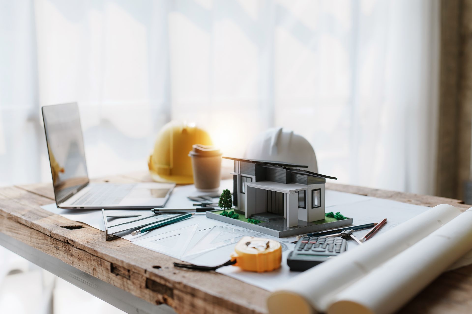 Architectural model on a desk with blueprint sketches, laptop, hard hat, and coffee mug