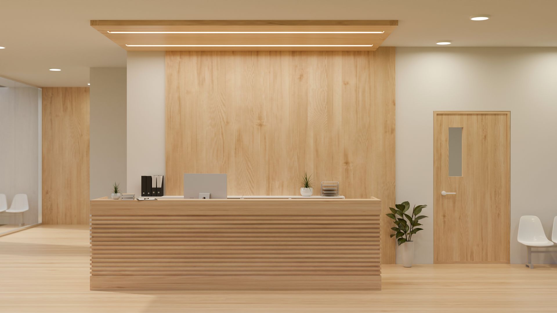 Reception area: wooden reception desk and wall, door, potted plant, chairs.