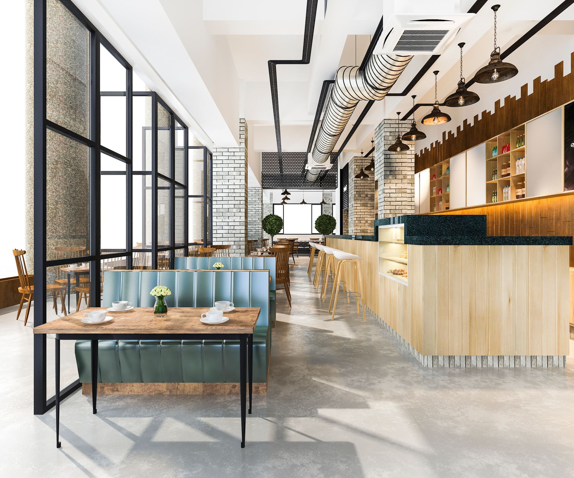 Modern restaurant interior with wooden tables, blue banquette seating, and a light wood bar counter