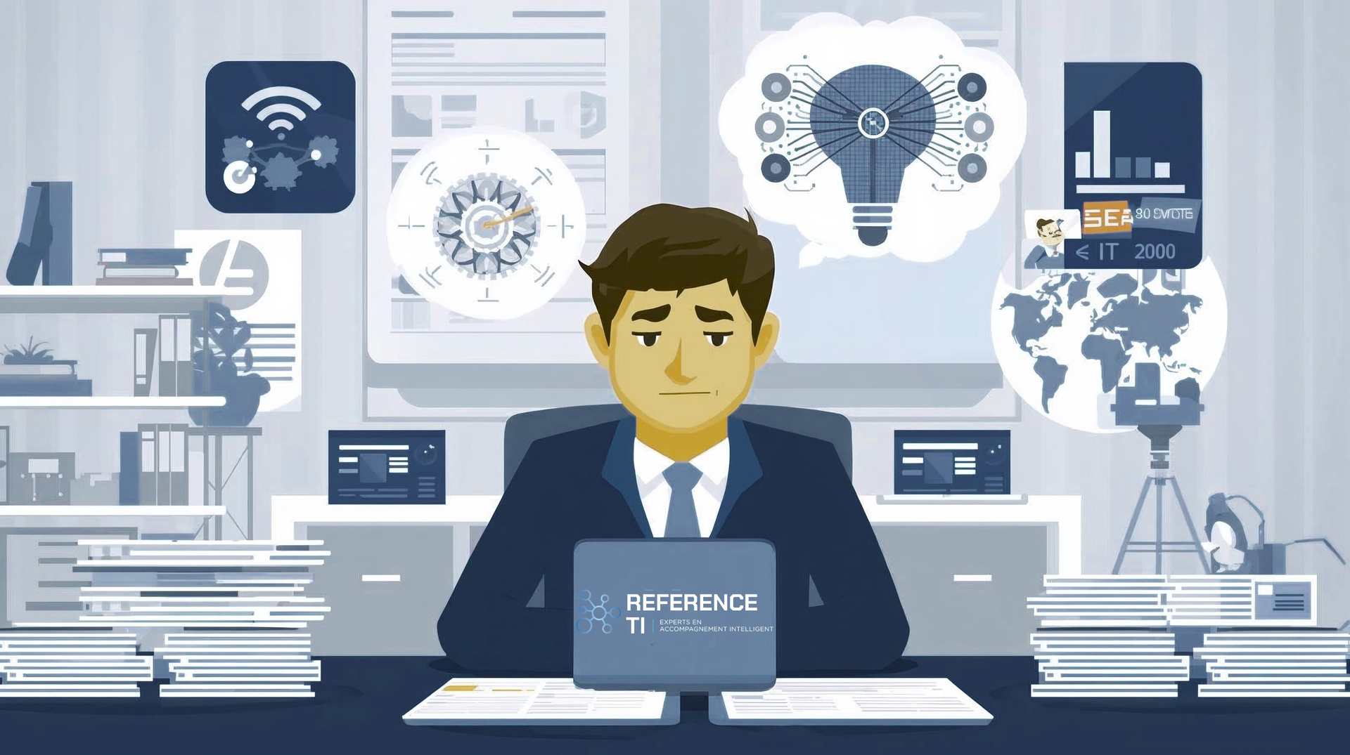 Homme d'affaires à son bureau avec son ordinateur portable dans un bureau spécialisé en technologies, entouré de graphiques, d'engrenages et d'icônes numériques