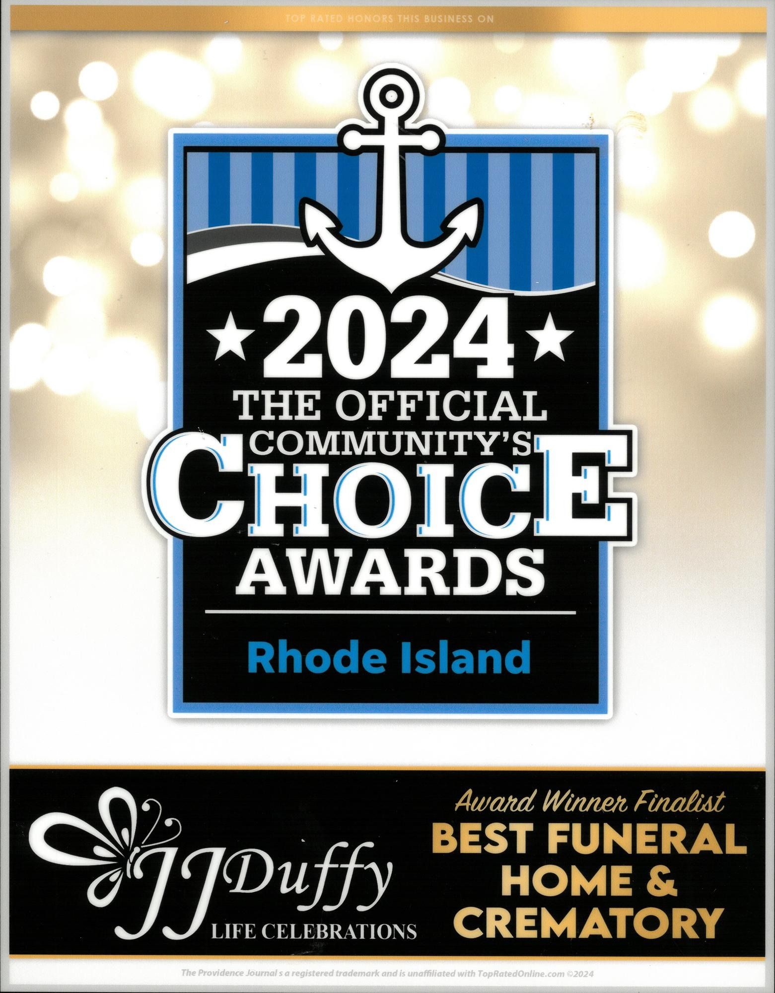 2024 Rhode Island Choice Awards badge with anchor; Duffy & Sons Funeral Home & Crematory sponsor banner below