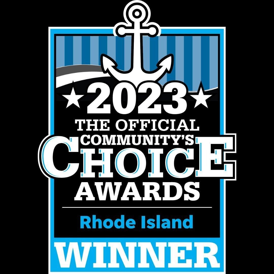 2023 Community’s Choice Awards Rhode Island winner badge with anchor icon, blue stripes, black background