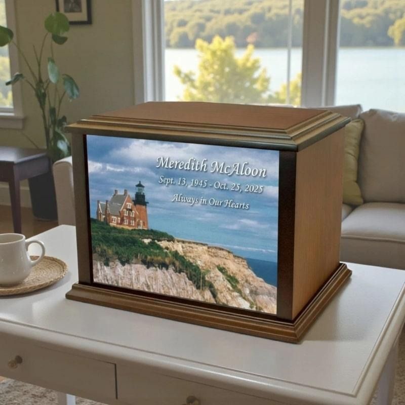 Wooden urn with seaside memorial photo and engraved text on a white table beside a coffee cup