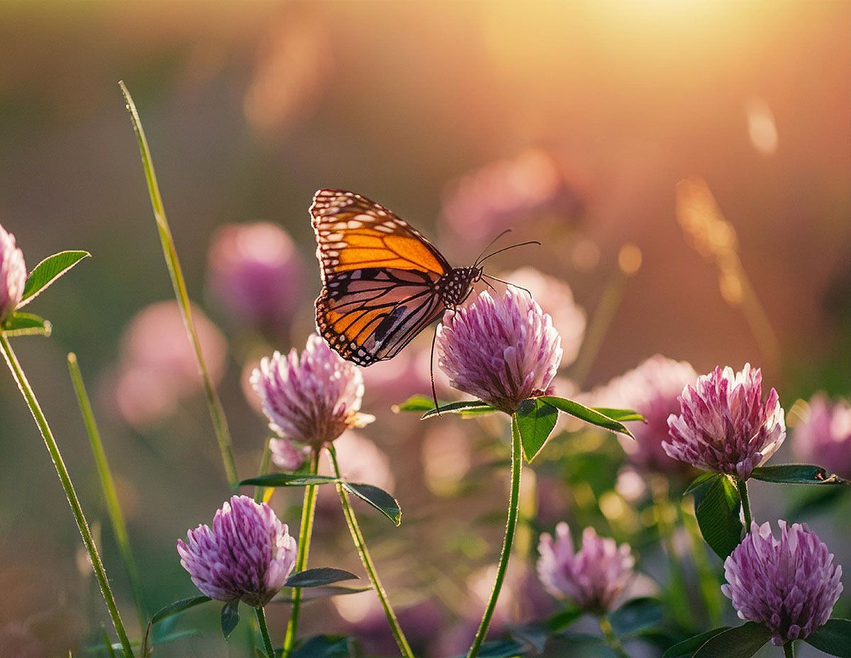Orange butterfly on purple wildflowers in warm sunlight