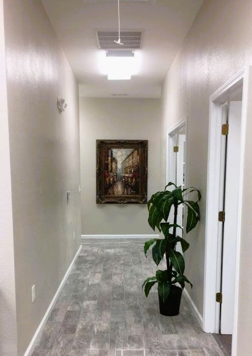 Narrow hallway with painting and potted plant; gray tile floor, white doors and trim, neutral walls.