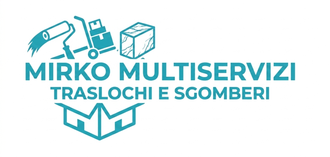 Turquoise logo for Mirko Multiservizi Traslochi e Sgomberi with moving box icons