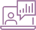 Purple outline of a person on a laptop with a chat bubble showing a bar chart and lines